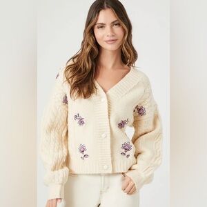 Forever 21 cream cable knit cardigan with floral embroidery size L